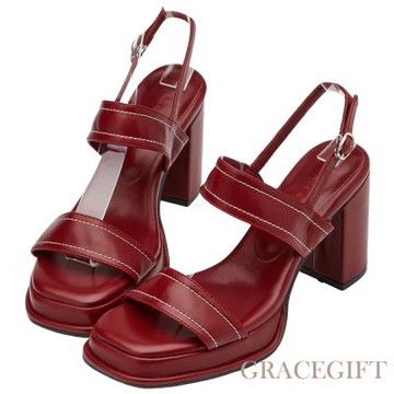 【Grace Gift】摩登女主車線雙帶柔感防水台高跟涼鞋 深紅
