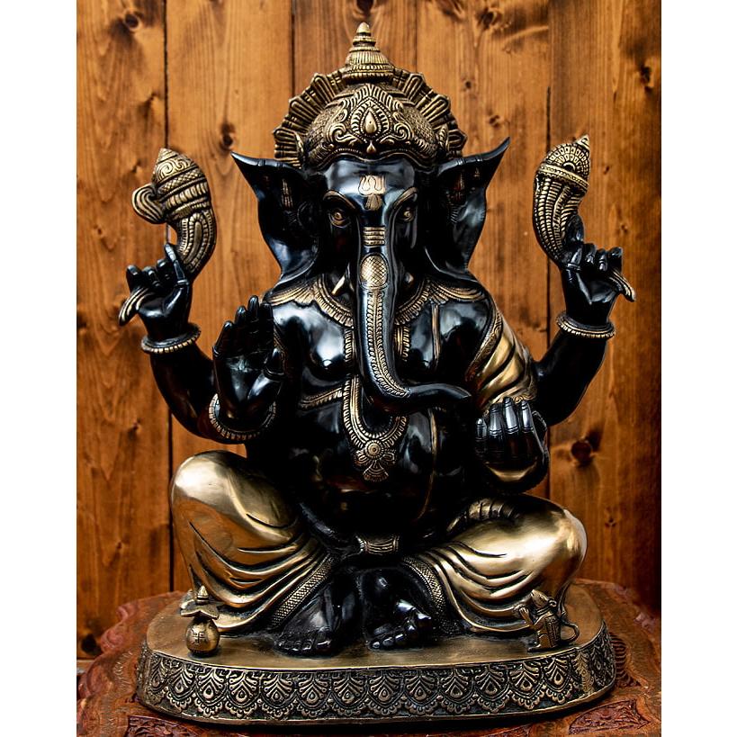 送料無料 ガネーシャ像 ブラス製 ヒンドゥー 神様像 真鍮黒塗仕上げ ガネーシャ神像 53cm インド 置物