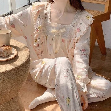 睡衣女學生ins宿舍可外穿慵懶風寬鬆高顏值兩件套春秋可愛家居服居家服套裝長袖睡衣卡通睡衣居家睡衣睡衣