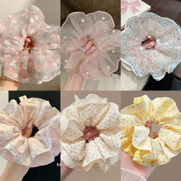 🚀現發直出💎韓系溫柔碎花大腸髮圈女夏季網紗緞面頭繩高彈力不傷發甜美丸子頭