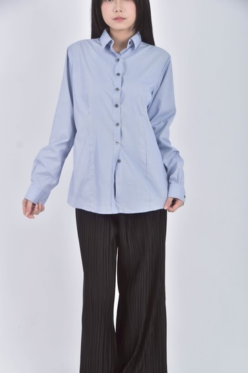 (S) 棉質格紋藍色長袖上衣