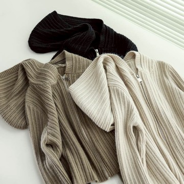 連帽拉鏈針織外套女秋冬新款純色百搭坑條短款長袖軟糯毛衣