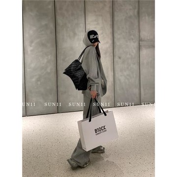 SUNONEONE 長款灰色美式運動套裝女秋季休閑衛衣外套長褲子一整套