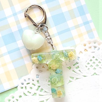 個人化 雙面粉綠乾燥花字母鑰匙圈 自訂英文名字