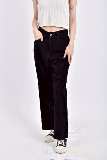 (S) 高腰質感燈芯絨黑色長褲