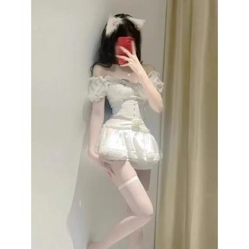 【甜美學院風】蕾絲泡泡袖收腰顯瘦上衣 純慾芭蕾風蓬蓬蛋糕裙套裝 兩件套 夏季穿搭 蕾絲上衣 蛋糕裙 甜美風女裝