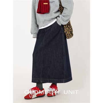 幾何單元藍色牛仔半裙秋冬A字半身裙女寬松高腰顯瘦中長款裙子