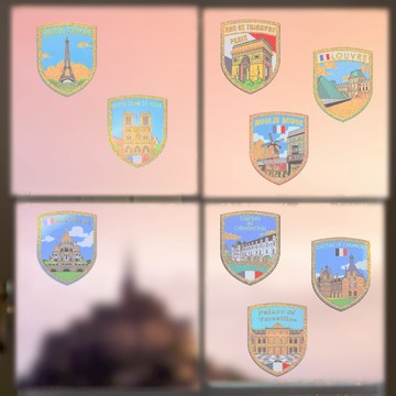 《A-ONE》法國窗戶玻璃貼 金蔥一套9入 凱旋門玻璃窗貼 艾菲爾鐵塔璃窗貼 紀念靜電貼 旅遊 羅浮宮靜電貼紙_廠商直送