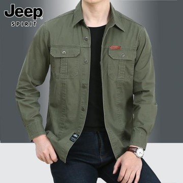 JEEP SPIRIT長袖襯衫男士外套春季純棉多口袋上衣服工裝襯衣男款