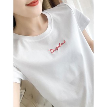 80支絲光棉短袖t恤女寬松純棉燙鉆印花半袖體恤衫純色簡約打底