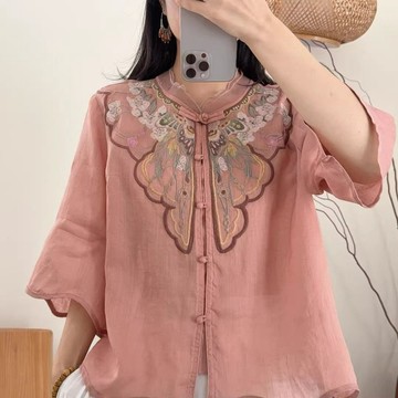 90kg大尺碼👧短袖 棉麻重工刺繡五分袖春夏新款襯衫女顯瘦百搭半袖氣質襯衣小衫女