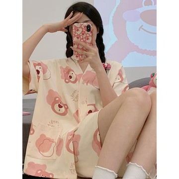 2024年新款可愛睡衣女士夏季棉布短袖夏天網紅熊大碼可外穿家居服