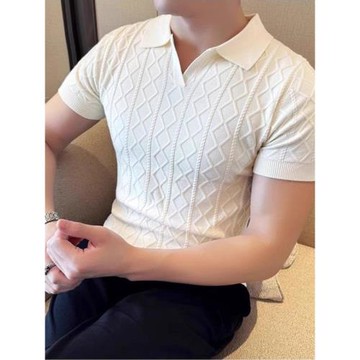菱形格V領針織polo衫男士2025年夏季時尚潮流高級感修身短袖t恤