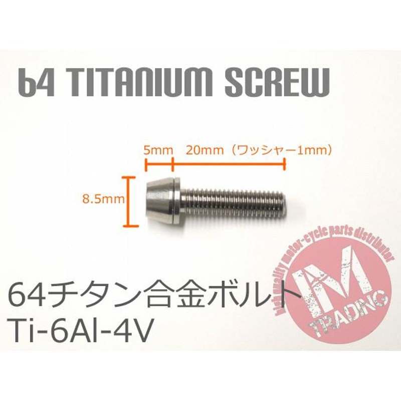 64チタン合金ボルト M5×20mm P0.8 4本セット ワッシャー付き テーパーキャップ ゆうパケット対応 焼き色なし Ti-6Al-4V