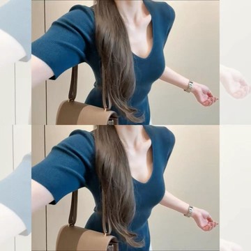 【法式氣質】Glove 藍色 V領 針織 短袖 T恤 女 夏季 高級感 修身 顯瘦 中袖 正肩 小上衣 上衣 短袖上衣