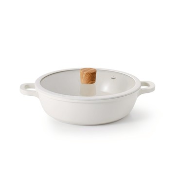 SENSARTE 24cm 不沾雙耳桌上鍋 陶瓷不沾塗層 附鍋蓋 IH瓦斯爐適用 白色
