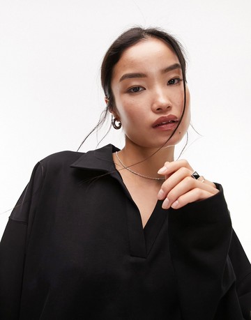 Topshop premium basic oversized long sleeve polo top in black