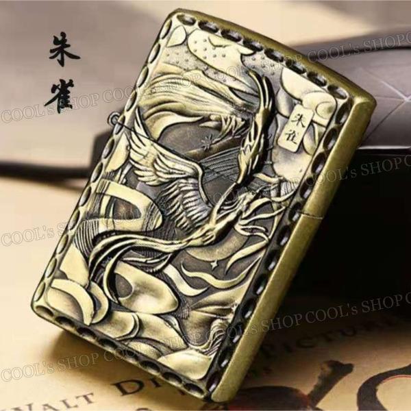 四神 リューター加工 デザイン オイルライター ZIPPO 同型 Jantai 霊獣 聖獣 和柄 和彫り 白虎 青龍 朱雀 玄武 ゴールド 送料無料