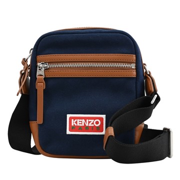 KENZO 帆布拼接斜背拉鍊小方包/記者包(深藍)