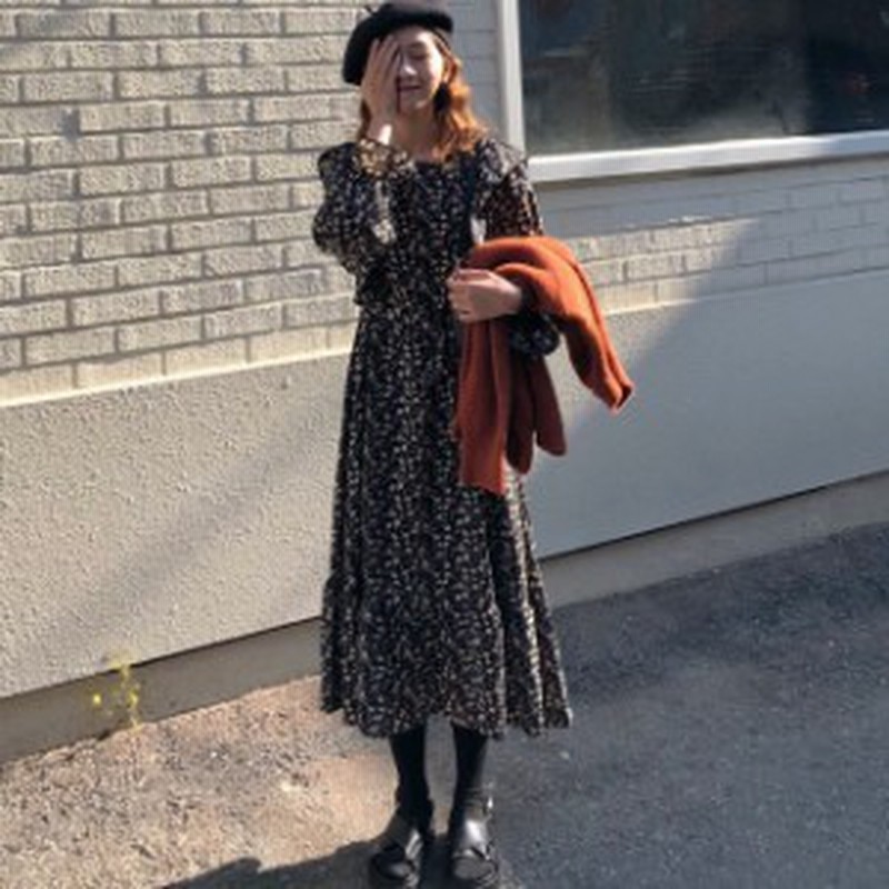 シャツワンピース ロング丈 長袖 大人かわいい 肩フリル ワンピース シフォン ラウンドネック 袖フリル 花柄 春秋 秋冬 黒 通販 Lineポイント最大1 0 Get Lineショッピング