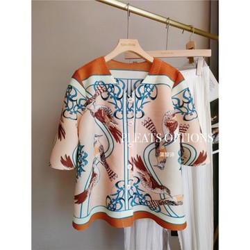 褶皺元素壓褶2025年夏夏新款喜鵲圖騰棕色拼接顯外套上衣