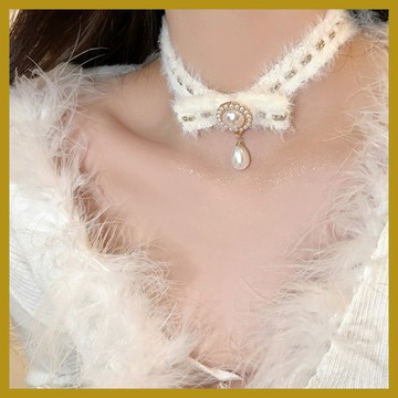 法式珍珠毛絨頸帶 輕奢高級感頸鏈 choker項圈項鏈