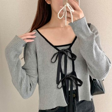 日本 GRL - 溫柔羅紋細肩帶+絲帶薄罩衫(2件組)-灰 (F)
