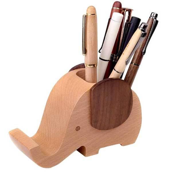 ペンスタンド 木製 ペン立て ペンホルダー スマートフォン スタンド 天然木 木目 象 デザイン 鉛筆立て 卓上収納
