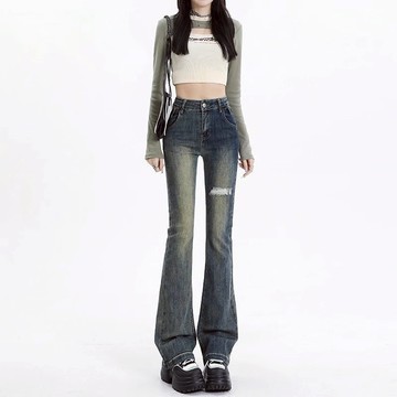 【Veee】\t美式高街復古  破洞微喇叭 牛仔褲女 新款高腰彈力 修身顯瘦馬蹄褲 長褲 寬褲  高腰 休閒褲 顯瘦長褲
