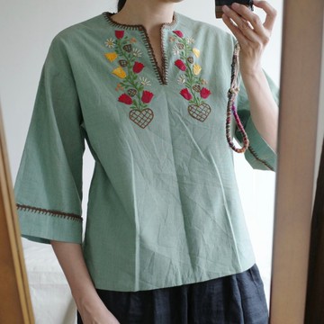 Vintage 歐洲花朵刺繡上衣