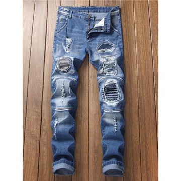 秋季歐美男士破洞牛仔褲補丁直筒大碼彈力修身褲潮流乞丐褲淺藍