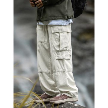 WASSUP復古闊腿褲男寬松直筒秋冬季美式街頭工裝潮牌風多口袋褲子