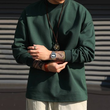 Wuluwear 美式寬鬆小領口長袖T恤男300g白色休閒內搭打底衫春