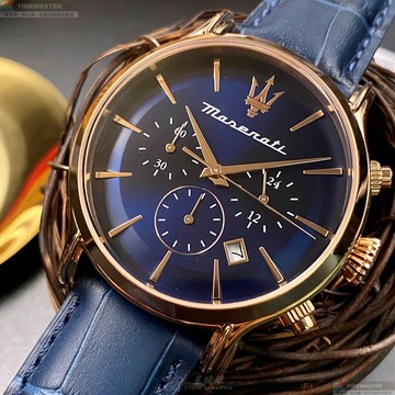 [星晴錶業]MASERATI手錶,42mm,R8871618013寶藍色錶面玫瑰金錶殼寶藍真皮皮革錶帶款