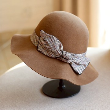 秋冬羊毛呢波浪邊蝴蝶結氈帽盆帽漁夫帽子毛呢帽子女英倫禮帽百搭1入