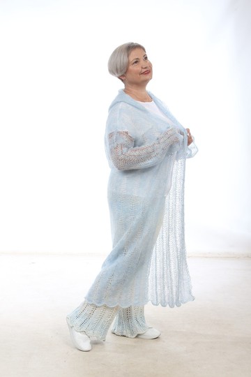 藍色帶帽馬海毛針織開襟衫