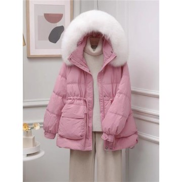 中長款粉色羽絨棉服女冬裝大碼收腰甜美洋氣流行加厚連帽棉衣外套