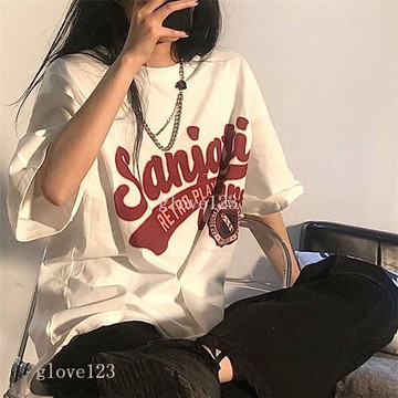 【白色短袖T恤女 潮 ins超火 2023新款 港風 網紅 學生 寬鬆 字母印花 上衣 短袖 短袖上衣 上衣短袖】