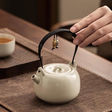 米黃汝窯提梁壺功夫茶具陶瓷小茶壺泡茶喝茶家用茶水壺單壺泡茶器