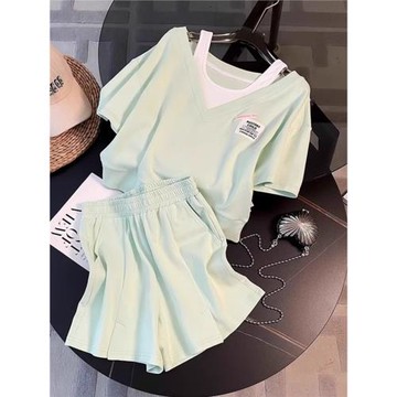 小個子運動休閑套裝女2024新款夏網紅洋氣寬松顯瘦短袖短褲兩件套