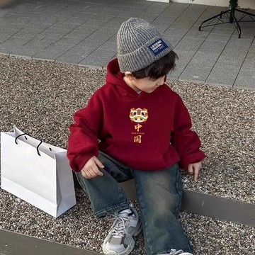 【台灣出貨】男童紅色女童 秋冬新款衛衣兒童上衣拜年新年加絨連帽外套衛衣 加絨上衣 拜年服 外衣 大學t