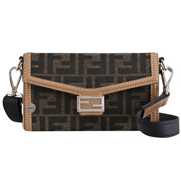 FENDI 7AS139 Baguette FF LOGO緹花款翻蓋迷你斜背包.淺棕邊