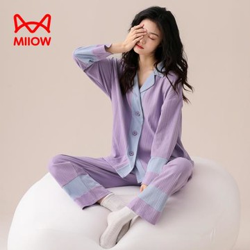 貓人純棉睡衣女春秋季長袖時尚休閑薄款可外穿簡約家居服兩件套裝