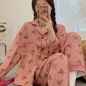 睡衣 甜美學生睡衣 可外穿 休閒風  甜美少女 睡裙 寬鬆可愛睡衣 學生睡衣  長袖長褲 兩件套 睡衣套裝