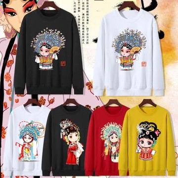 純棉衛衣加絨新款女印花寬松中國京劇臉譜Q版圓領上衣男女情侶裝