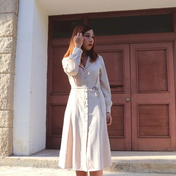 女裝 淺米色 織暗條子裙 連衣裙洋裝  純色 素色 淨色