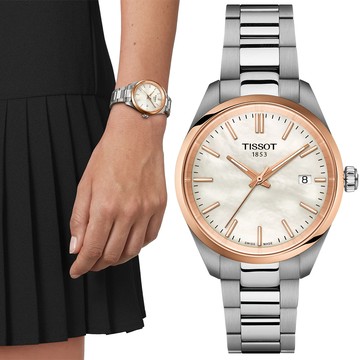 TISSOT 天梭 PR100 珍珠貝石英女錶-銀x玫瑰金/34mm T1502102111100