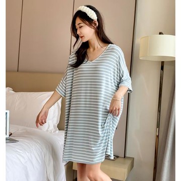 莫代爾大碼加肥女士短袖睡裙孕婦連衣裙寬松220斤條紋睡衣家居服
