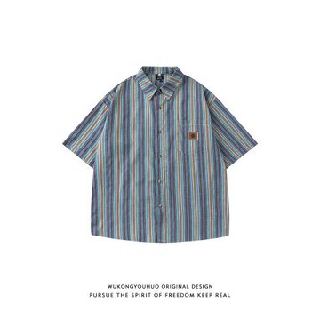 悟空有貨復古港風vintage豎條紋短袖襯衫男日系純棉寬松廓形襯衣
