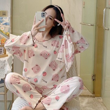 睡衣女士春秋新款寬松簡約可愛薄款夏季圓領時尚家居服套裝送布袋